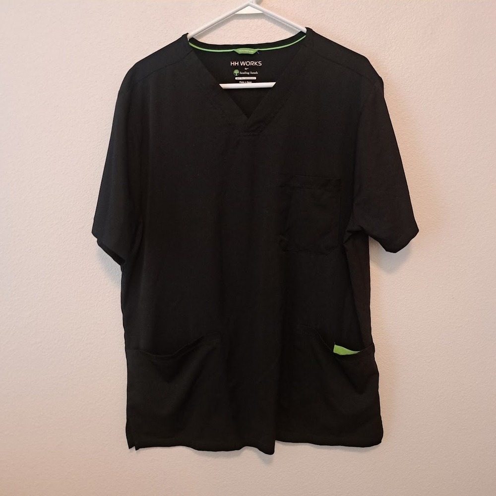 HH Works by Healing Hands Mason Scrub Top Black Lime Green V-Neck Large 2590